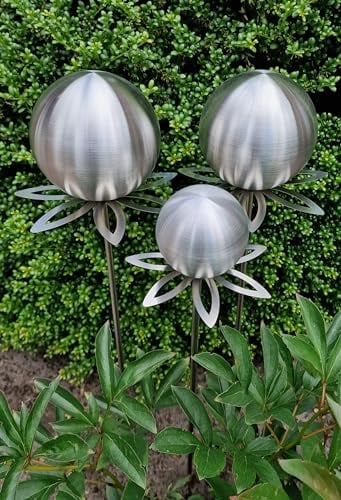 Jürgen Bocker Garten-Ambiente Blütenzauber Paris Rosenkugel 3er Set 15/15/10 cm Edelstahl Gartenstecker Deko mit Stab 80 cm (Silber matt)