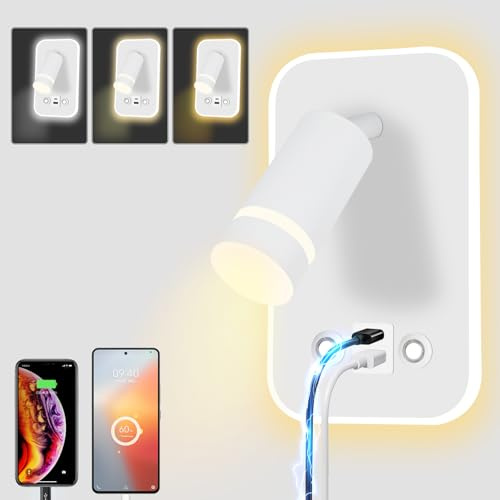 HUIZHOU LED Wandleuchte mit USB 12W, Leselampe Wandmontage mit Touch-Control, 3 Farbtemperaturen, 350° drehbar, Bettlampe Wand für Schlafzimmer & Wohnzimmer (Rechteck weiß)