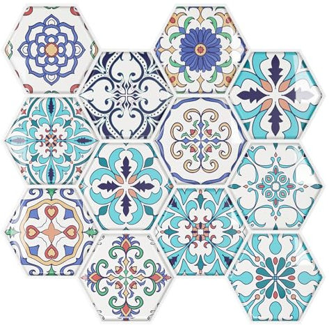VEELIKE Klebefliesen Küche Boho Blaue 3D Fliesenaufkleber Bad Marokkanische Sechseck Fliesensticker Küchenfliesen Selbstklebend Fliesen Wandfliese Wäschereien Abnehmbar 30.5cm × 30.5cm 12 Stück