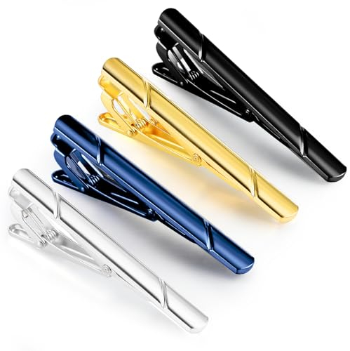 Gjinxi Lot de 4 pinces à cravate portables pour homme - Noir, doré, bleu, argent, bijoux en tissu, décoration pour mariage, affaires, cravates régulières, cadeau de Saint-Valentin, Noël, one size,