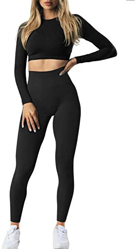 JN JANPRINT 2 Piece Gym Sets for Women Long Sleeve Crop Top High Waist Jumpsuit Seamless Outfits Sets Yoga Active Clothes Sportswear Set