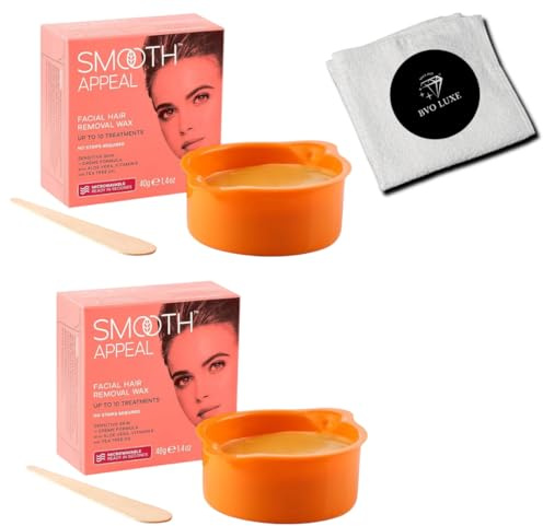 Smooth Appeal Microwave Wax Facial Hair Remover Bundle - Smooth Appeal Wax Microwavable Peel Off x2 40G Pack with BVO Luxe Flannel | Aloe & Tea Tree, Ideal for Lips, Chin & Brows, Up to 10 Treatments