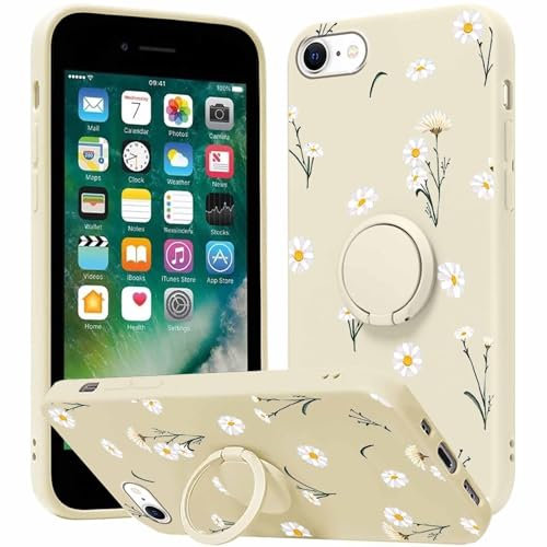 Yoedge Phone case for iPhone 8/SE 2022/7/SE 2020 4.7 inch, 360°Magnetic Ring Holder Kickstand Soft Silicone TPU Shockproof Anti-Scratch Protective Resistant Fashion White Daisy Pattern for iPhone 7