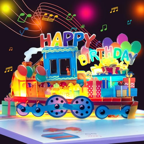 Magic Ants 3D Zug-Pop-Up Geburtstagskarte mit Musik & Licht – Musikalische Happy Birthday Karte für Kinder, Freunde & Familie, Spielt Happy Birthday Song, für Feierlichkeiten