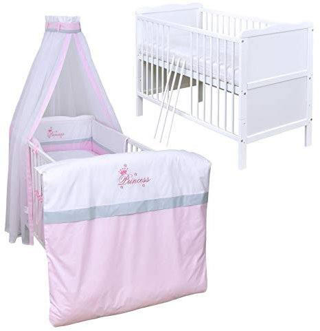 Generisch Baby Delux Babybett Komplett Set Kinderbett 60x120 cm umbaubar zum Juniorbett weiß 10-TLG Max Bettset Matratze Chiffonhimmel (Princess)