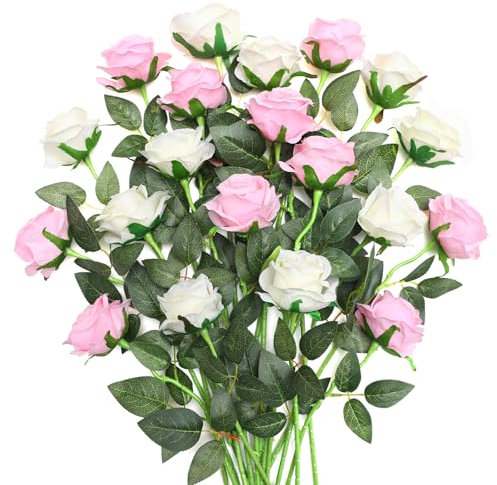 JUSTOYOU 20 PCS Rose künstliche Blume, doppelte Farbe Seide blühende Rose mit Stiel, künstliche Rose Bouquet Realistische Blume für Home Table Office Party Hochzeit Garten Arrangements (weiß,rosa)