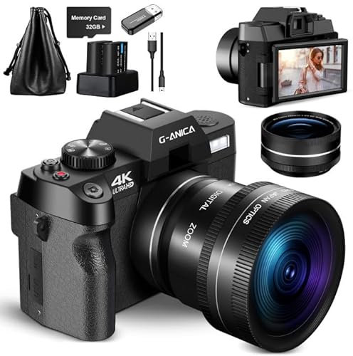 G-Anica Digital Appareil Photo numérique 4K pour la Photographie vlogging 48mp pour Youtube avec WiFi Compact à écran pivotant 180° avec Flash Appareil Photo de Voyage Zoom numérique