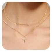 ALEXCRAFT Layered Kreuz Halskette Damen Gold Kette mit Anhänger Modeschmuck für Sie Frauen Freundin Mama Kreuz Größe 12.5 * 24cm Kette Länge 45+5cm