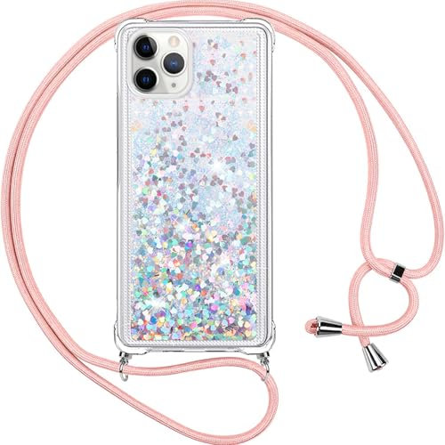 Vauki handyband für iPhone 11 Pro Hülle mit Band, Silikon Durchsichtig Transparent Flüssig Glitzer mit Kette Kordel Bumper Treibsand Necklace TPU Schutzhülle Case für iPhone 11 Pro, Silber