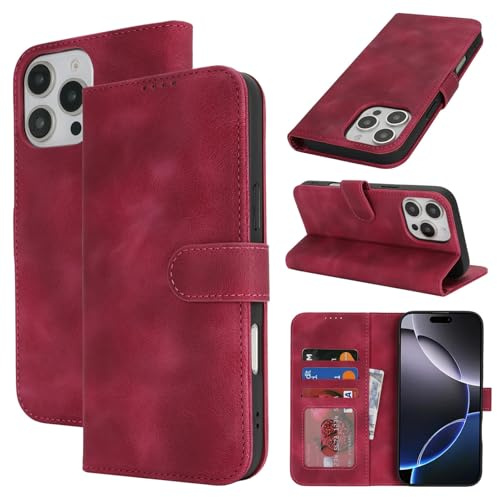 Zouzt Hülle für iPhone 16 Pro (6,3), Premium PU Leder, Vintage Grape Red | Handyhülle mit Kartenfächern, Magnet Klapp Schutzhülle, Stoßfeste TPU-Innenhülle, Frauen Männer, Leather Wallet Phone Case