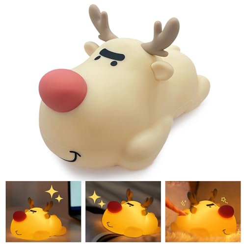 Fiauli Nachtlicht, süßes Rentier, 3-stufig dimmbares Silikon-Touch-Lampe, wiederaufladbares USB-Nachtlicht mit 30-Minuten-Timer, Weihnachten, Neujahr, Geburtstag, Rentier