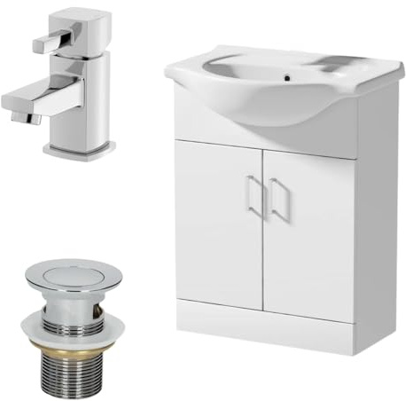 Affine® 650mm Bathroom Vanity Unit Ceramic Sink Floorstanding Storage Cabinet Cupboard & Misa Basin Tap & Waste Set, White Gloss
