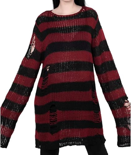 LLECDASEUI Womens Gothic Striped Hole Ripped Long Sweater, Y2K Grunge Hollow Out Knit Jumper, Oversized Distressed Pullover Tops (One Size,Black&Red)
