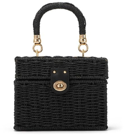 SUTUKU Bolso de Mimbre Tejido a Mano para Mujer, Bolso de Cesta Cuadrado de Playa Vintage de Paja Tejida