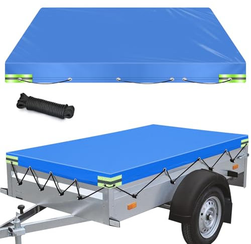 Anhängerplane Flachplane, 209x115x10cm Abdeckplane Für Anhänger, Anhänger Flachplane 420D Oxford wasserdicht & reißfest mit 8m Planenseil, Reflexstreifen, Ösen, für PKW Anhänger bis 750kg Blau