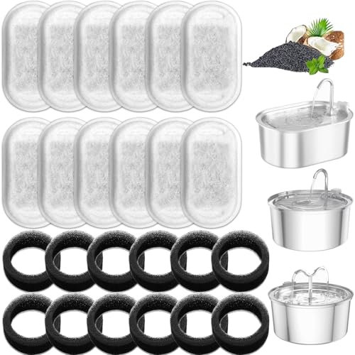 HSIULMY 24 Pack Cat Water Fountain Filters Replacement: 12 Activated Carbon + 12 Foam Sponges, Triple Filtration for 108oz/3.2L & 67oz/2L Stainless Steel Pet Water Fountain/Dispenser