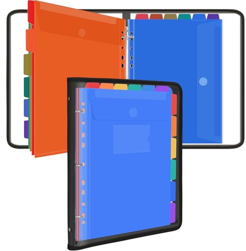 Uquelic Classeur A4 à anneaux, organiseur de documents avec 12 poches perforées, sac en vinyle transparent avec fermeture éclair, joli porte-documents en PVC imperméable pour l'école, la maison, le