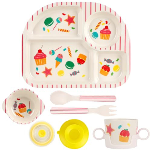 LOMUG Kindergeschirr Set, ohne melamin, 5-teiliges Geschirr Set mit Saugnapf,Baby Menü Tablett, Baby Teller, rutschfest BPA Frei, Teller, Becher mit Deckel,Löffel,Gabel für Kinder, Spülmaschinenfest
