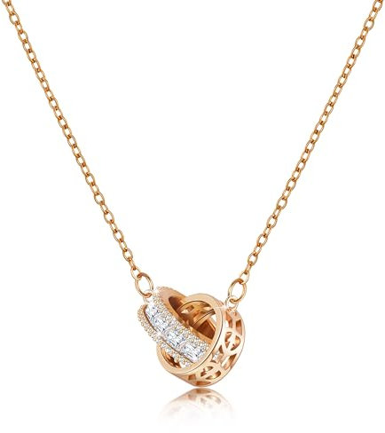 Linawe Rose Gold Dainty Necklace for Women, Interlocking Double Circle Pendant, Hypoallergenic Stainless Steel Chain, Moissanite Imitation Diamond Crystal Birthstone Rhinestone Necklaces