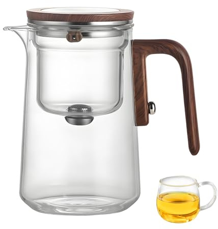 Tetera Mágica de Ysislybin, 800 ml con Separador de Agua, Infusor, Vidrio Transparente, Mango de Madera, para Té en Flor o Hojas Sueltas