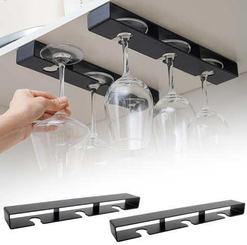 xiruiubao Porta Bicchieri Sospesi, Porta Bicchieri da Vino, porta Calici Sottopensile, Supporto per Calici Vino Senza Foratura, Portabicchieri Sospeso per Bar Ristorante Familie Cucina, 2 Pezzi, Nero