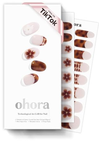 ohora Semi Cured Gel Nail Strips (N Tiki Tortoise) - Works with Any Lamps, Salon-Quality, Long Lasting, Easy to Apply & Remove - Includes 2 Prep Pads, Nail File & Wooden Stick