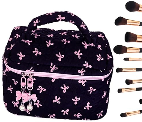 Quilted Makeup Bag - Cute Aesthetic Bow Pouch, Soft Reusable Cosmetic Storage Organizer | Large Capacity Holder for Toilet, Purse, Vanity, Bathroom, Girls, Women, Travel, Holiday, Daily Makeup
