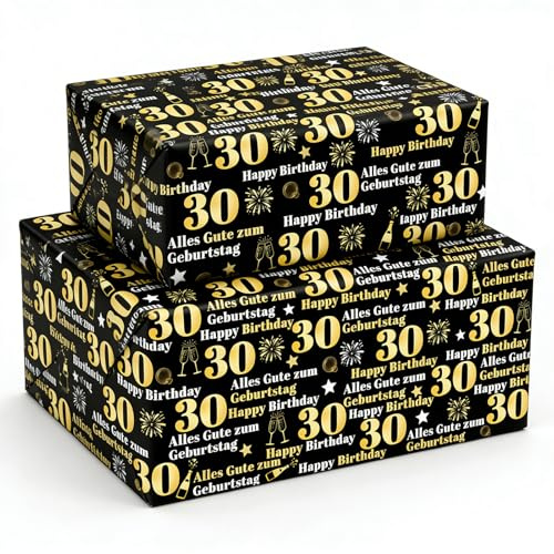 2 Blätter Geschenkpapier Geburtstag Set 30. Geburtstag Wrapping Paper Schwarz Gold 75x51cm mit Doppelklebeband für den 30. Meilenstein, Freundesfeier, Beförderungsgeschenk-Verpackung