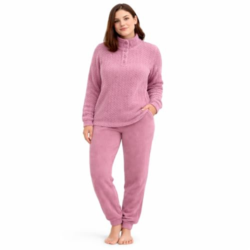 Vionara Home Pigiama Donna Invernale in Caldo e Morbido Coral Fleece, Set Pigiama in Pile, Collo Alto con 3 Bottoni, Ideale per Le Notti Fredde
