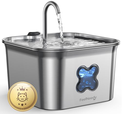 FEELNEEDY Fuente para Gatos Acero Inoxidable 2,8L, Bebedero Gatos con Cable | y Filtración de Cuatro Capas, Fácil de Limpiar, Apta para Lavavajillas