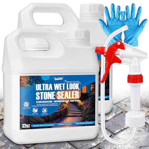 Wet Look Stone Sealer, 2L / 64oz Patio Sealer with Sprayer | Water-based concrete sealer enhance stone color with glossy finish for stone concrete, slate, brick, paver ＆ outdoor surface