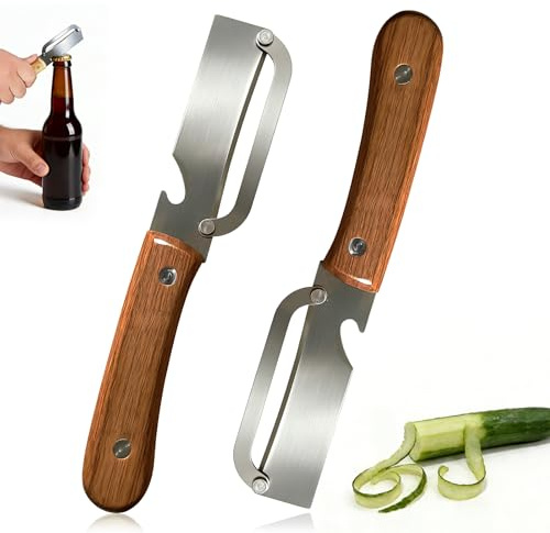 2 Stück Sparschäler mit Holzgriff, Universal-Gemüseschäler aus Edelstahl mit integriertem Flaschenöffner,zero snag holzschäler,2-in-1 Kartoffelschäler & Obstschäler für die Küche