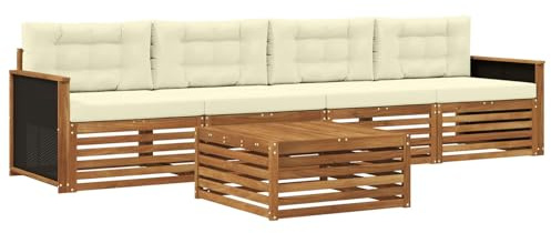 vidaXL Outdoor-Sofagarnitur 5 pcs Natur und Creme Massivholz Akazie, Gartenmöbel, Moderne Sitzgruppe, L-förmiges Sofa für Terrasse, relaxen im Lounge-Stil