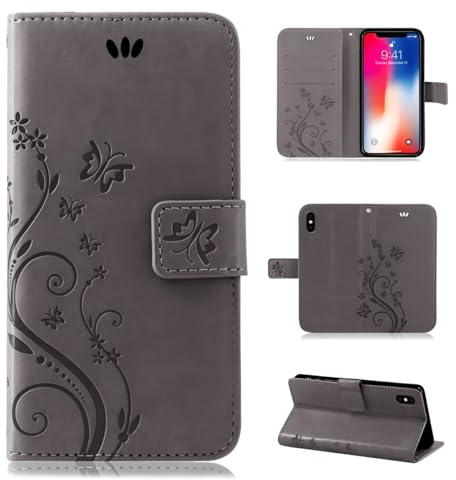 betterfon Hülle Kompatibel mit Apple iPhone X | Premium PU Leder Handyhülle Wallet Case für iPhone X | Schutzhülle Blumen Klapphülle Handyhülle | Grau