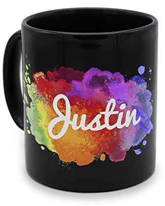 printplanet - Tasse Schwarz mit Namen Justin - Motiv: color paint - Namenstasse, Kaffeebecher, Mug, Becher, Kaffeetasse