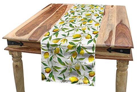 ABAKUHAUS Natur Tischläufer, Lemon Woody Romantic, Esszimmer Küche Rechteckiger Dekorativer Tischläufer, 40 x 300 cm, Grün Weiß