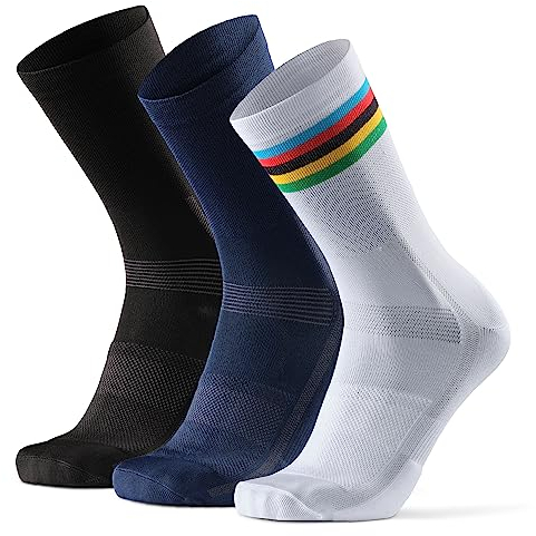 DANISH ENDURANCE Fahrrad Socken, Rennrad Socken, Gepolstert, Unisex, für Herren & Damen, 3 oder 5 Paar, Mehrfarbig (1 x Gestreift, 1 x Schwarz, 1 x Dunkelblau), 39-42