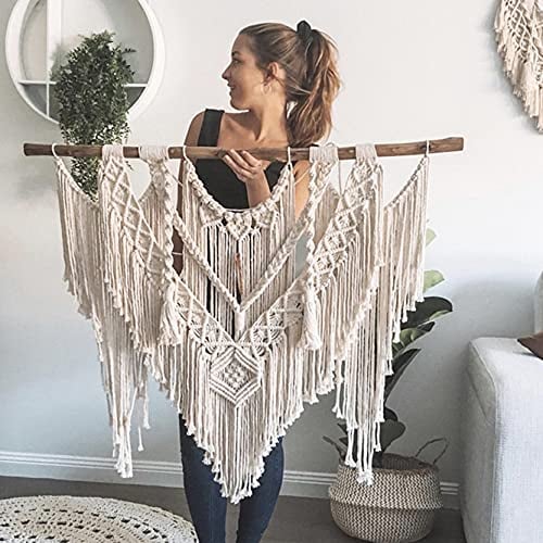 WABMJGW Makramee Wandbehang Tapisserie Boho Chic Wanddekor Handgefertigte gewebte Naturbaumwollseil Wandteppich Elegante Quaste Fringe Home Decoration,Beige-100x100cm