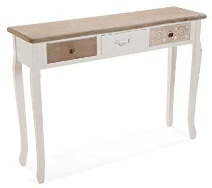 Versa Boedo Schmales Möbelstück für den Eingangsbereich oder Flur, Moderner Konsolentisch, mit 3 Schubladen, Maßnahmen (H x L x B) 78,5 x 30 x 109 cm, Holz, Farbe: Braun und weiß