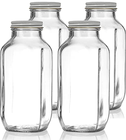 Bottiglie di vetro quadrate francesi da 460 ml, 4 pezzi, riutilizzabili per succhi, frullati, kombucha, tè, latte