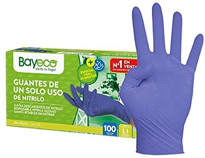 Bayeco - Guanti Monouso in Nitrile - Colore Blu - Ambidestri - Finitura Bordo Arrotolato - Dita Testurizzate per Una Presa Migliore - Confezione da 100 Pezzi - Taglia L