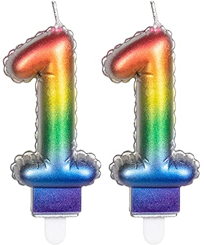 2 Zahlenkerzen * ZAHL 11 * in Regenbogen-Farben mit Steckfuß | ca. 9cm x 5,5cm groß | Farben Rainbow Deko Geburtstag Geburtstagskerze Kerze