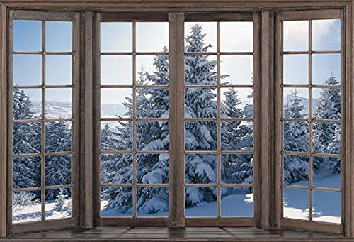Renaiss 3x2m Fenster Schneelandschaft Kulisse Winterwald Naturlandschaft Fotografie Hintergrund Weihnachts und Neujahrsfeier Dekoration Porträtstudio Foto Requisiten