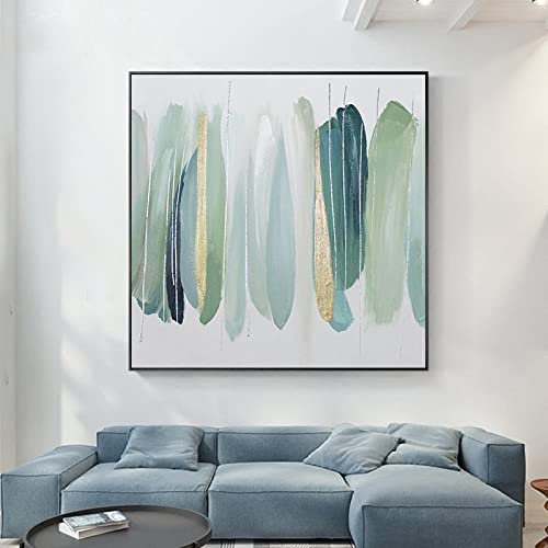 MWMG Acrylbilder Auf Leinwand Handgemalt, Grüne Textur Streifen Blattgold Minimalismus Moderne Abstrakte Rahmenlose Kunstwerke Handgemalte Ölgemälde Auf Leinwand Wandkunst Für Wohnzimmer Schlaf