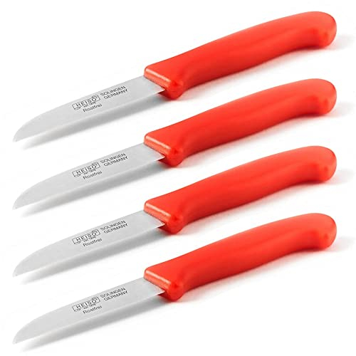 HEISO Schälmesser 4er Set - Scharfe Küchenmesser aus rostfreiem Stahl mit rotem Kunststoffgriff - Gemüsemesser Made in Solingen“ - mit kostenlosem Nachschleifservice…