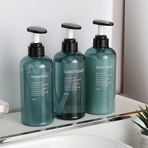 Monsully 3 Stück Leere Pumpflaschen, 300ml, Kunststoff, nachfüllbar, Shampoo Spender für Dusche, Flüssigkeitsaufbewahrung Spender, Spülmittelspender für Lotion, Shampoo, Duschgel, Creme
