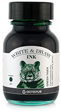 Octopus Write and Draw Ink 337 Green Tiger, wasserfeste Tinte zum Schreiben und Zeichnen, Kalligraphie-Tinte, lichtechte Zeichentinte für Füllfederhalter, Glasstift, Pinsel, 50 ml
