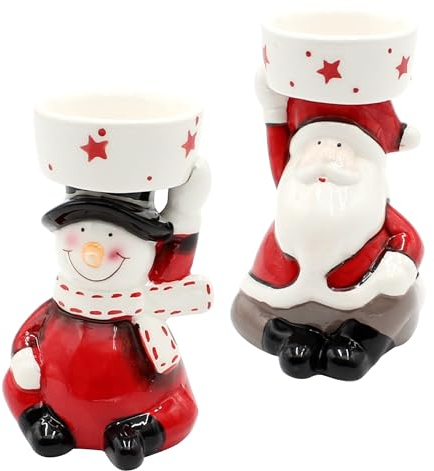 Dekohelden24 2er Set Keramik Teelichthalter - Schneemann & Weihnachtsmann - Maße je Teelichthalter L/B/H 6,5 x 6,5 x 11,5 cm.