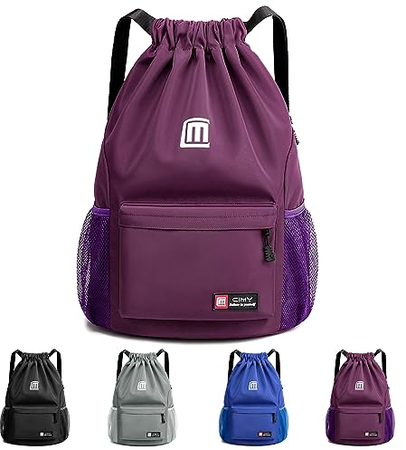 Sarmeley Drawstring Backpack Bags, Printed Drawstring Gym Bag for Men Women Girls Boys Adults, Large Waterproof Swimming Bag Draw String Bags for Shopping Yoga Sport Travel, Purple