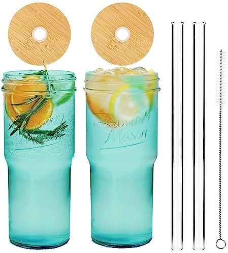 ANOTION Gobelets en verre colorés avec couvercle et pailles, 24 oz - Tasse à café de voyage - Large bouche - Mason Jar - Tasse à café glacé - Tasse à smoothie - Verre à thé